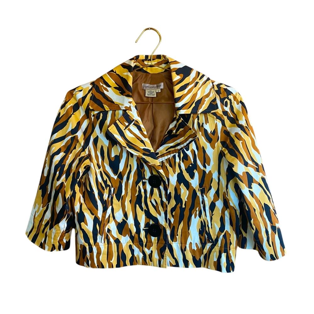 Patrick Christopher Blazer Animal Print Crop Button Up Pockets Yellow Tan Size S